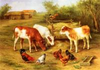 Edgar Hunt - Calves And Chickens Feeding In A Farmyard